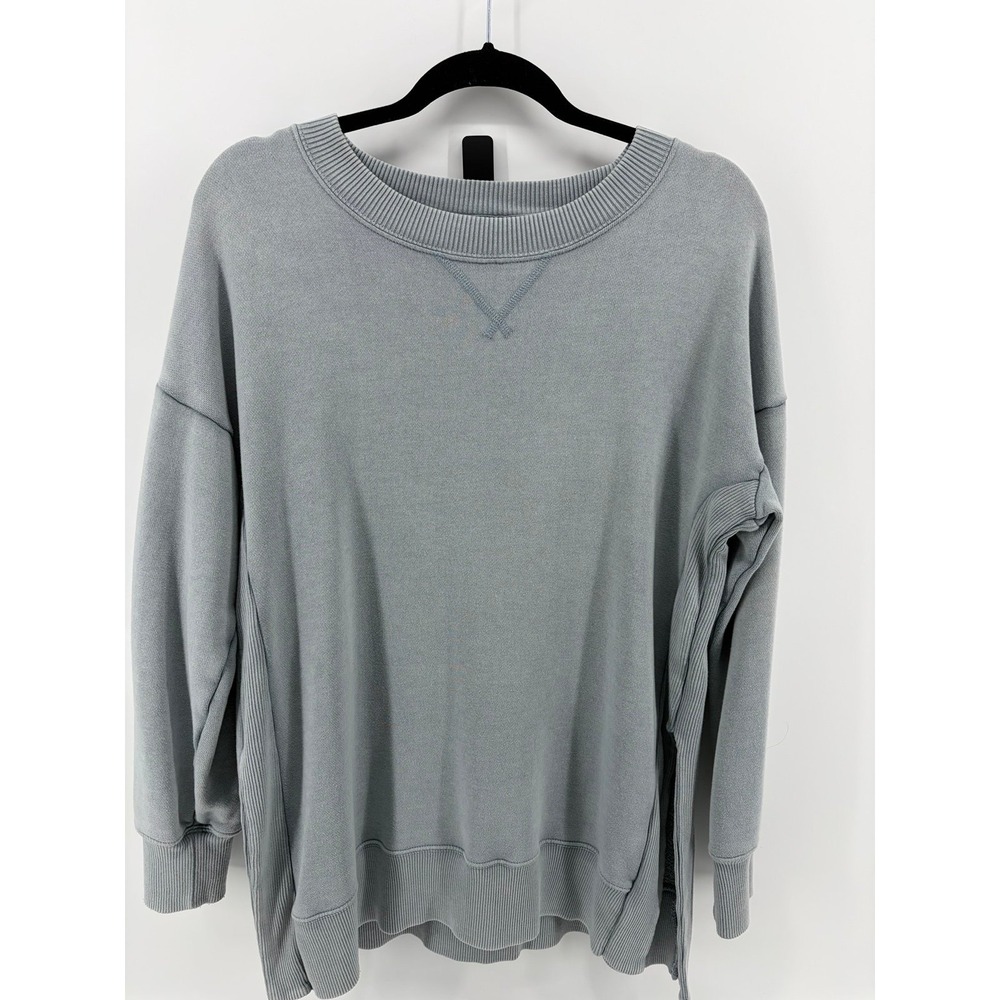 Aerie Oversized Crewneck Sweatshirt Blue Ribbed Sleeve Detail, Size Medium